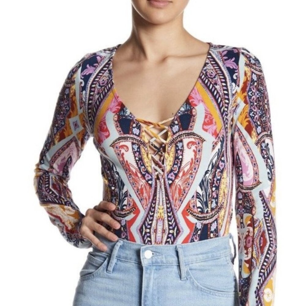 FREE PEOPLE Pick A Place Lace Up Paisley Bodysuit Stretch Boho Multicolor XS